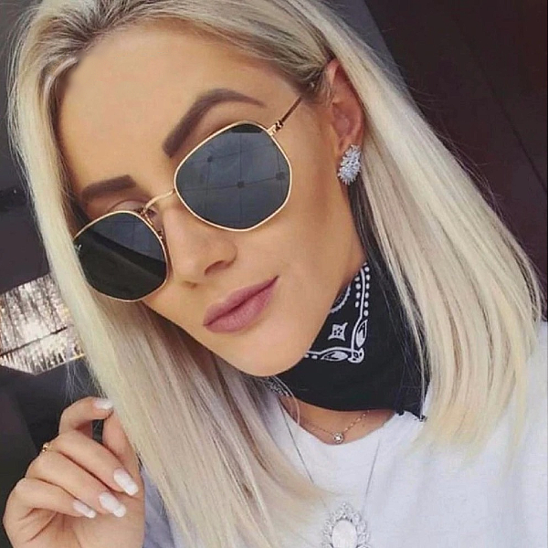Hexagonal Sunglasses with Black Lenses and Silver Frames