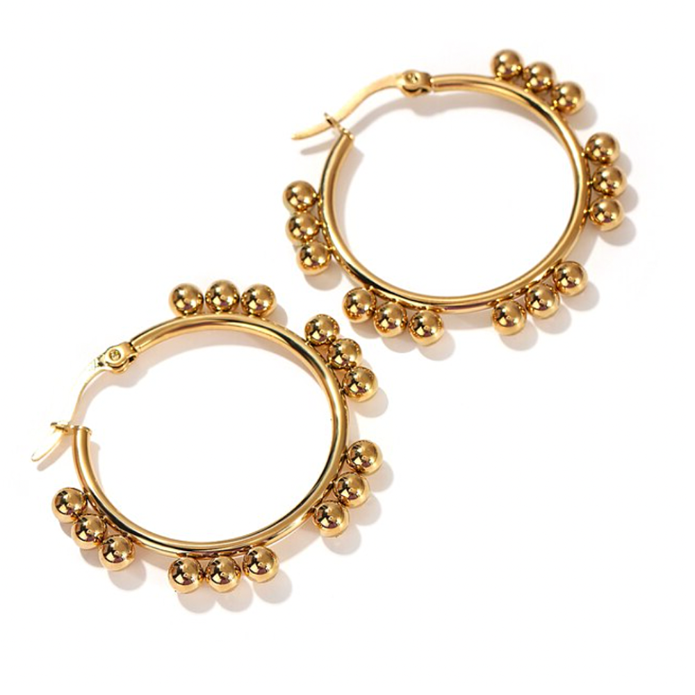 Round Beaded Hoop Earrings - Stainless Steel