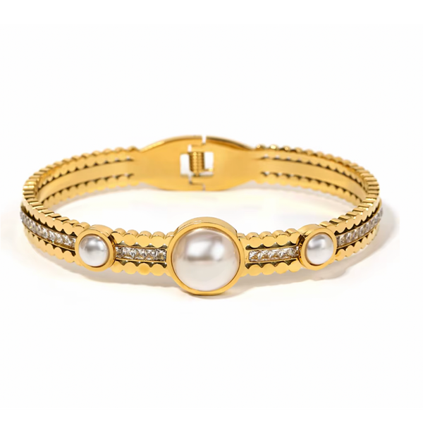 Triple Pearl Glam Bangle Bracelet - Stainless Steel